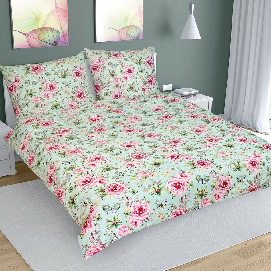 Poza Lenjerie de pat din bumbac Camp cu flori, verde deschis, 200 x 220 cm, 2 buc. 70 x 90 cm