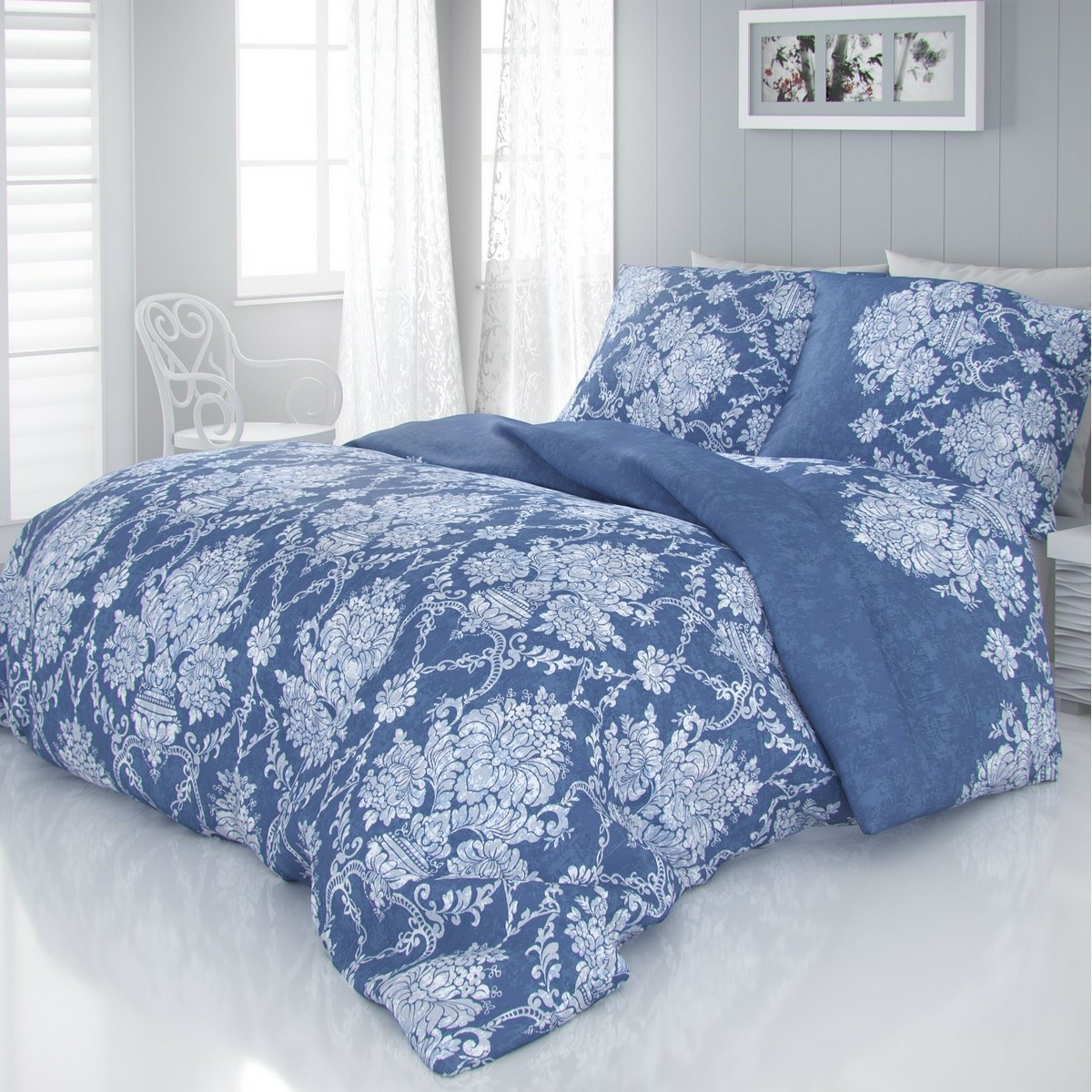 Lenjerie pat satin Vintage albastră, 140 x 200 cm, 70 x 90 cm e4home.ro