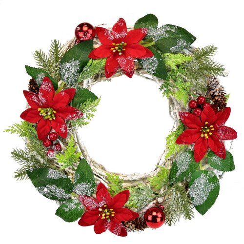 Vianočný ozdobený veniec Poinsettia a prútie, 30 cm