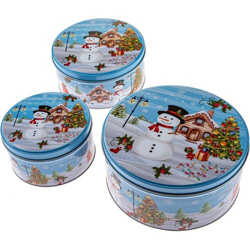 Set mit 3 runden Blechdosen Schneemann