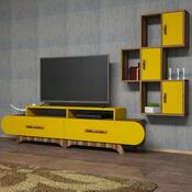 Stolik pod telewizor z szafką Flora S Yellow and Walnut