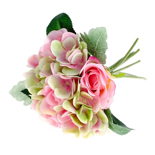 Buchet artificial Trandafiri cu hortensii, roz, 28 cm