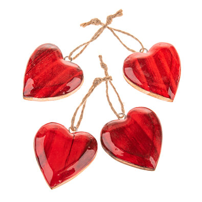 Drewniane wiszące serca, zestaw 4 sztuki, czerwone