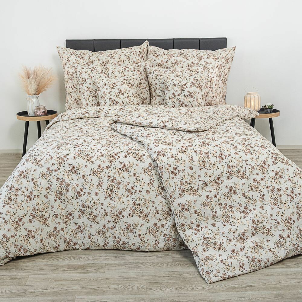 Kvalitex Krepové obliečky Kvietky béžová, 220 x 200 cm, 2x 70 x 90 cm