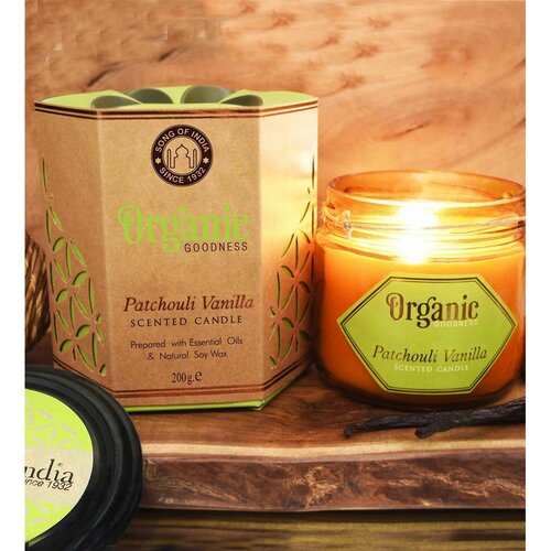 Натуральна ароматична соєва свічка Patchouli Vanilla  200 г в бурштиновому склі