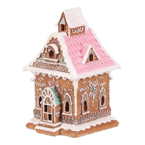 Vianočná dekorácia Perníková chalúpka s ružovou strechou, polyresin, LED, hnedá