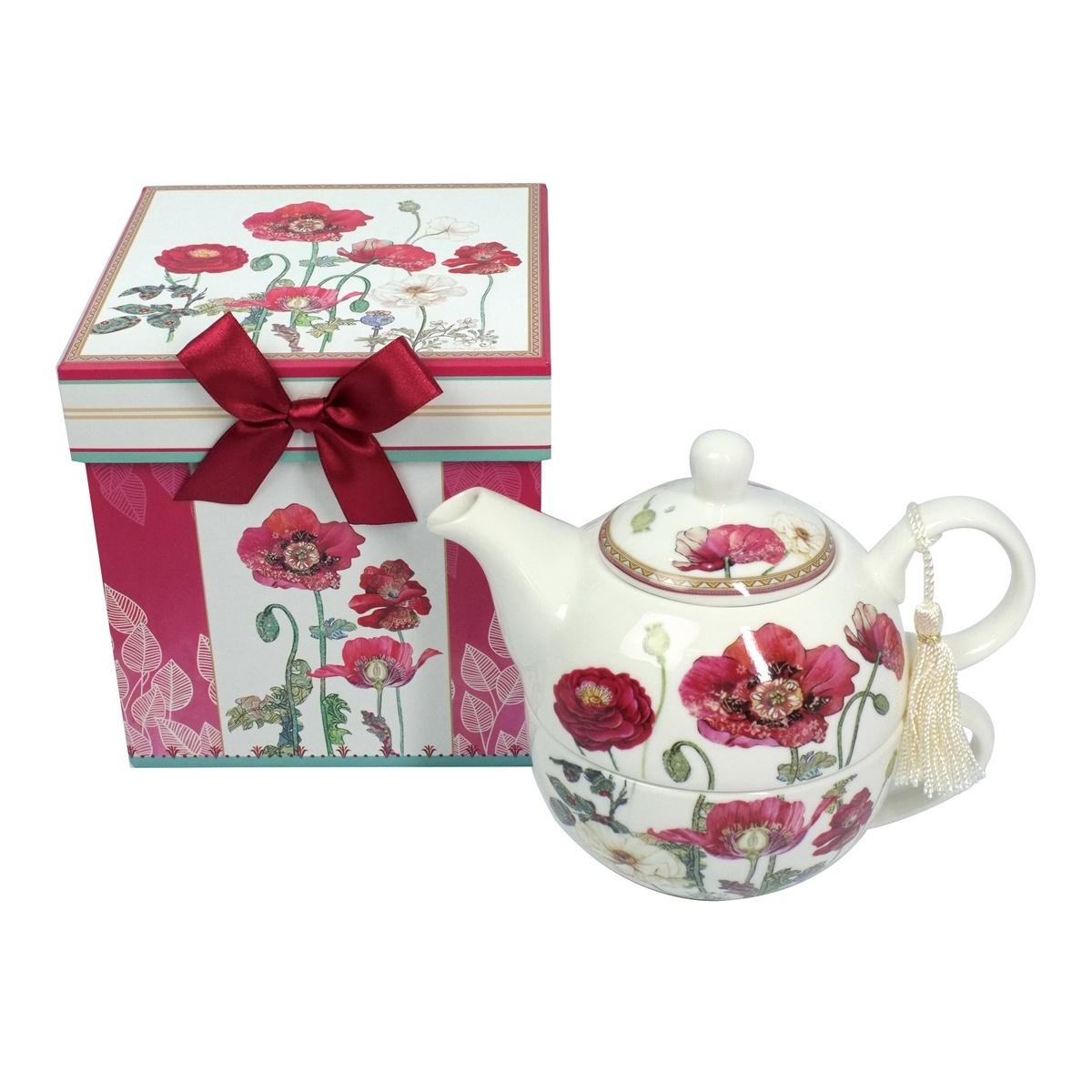 Porcelánová čajová konvička se šálkem Vlčí mák v dárkové krabičce