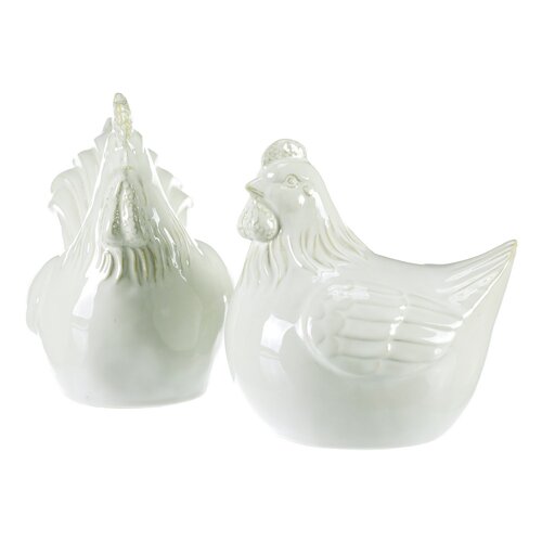 Decorație ceramică Găinușă și cocoș, albă, 11 x 13x 14 cm, set de 2 bucăți