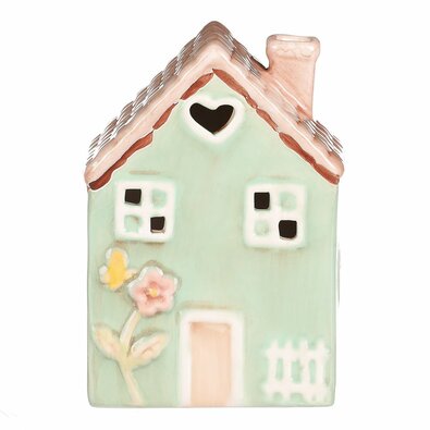 Kerámia házikó LED-del, 10 x 7 x 14 cm, tavasz, sötétzöld