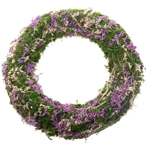 Mooskranz mit getrockneten Blüten, violett, 30 × 7 cm