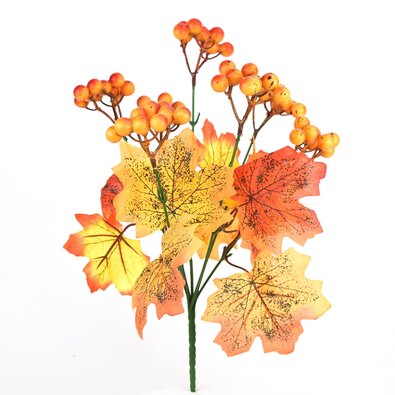 Ramură decorativă de toamnă cu frunze și boabe, 35 cm