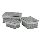 Set de coșuri de răchită cu capac Buline gri,3 buc., 3 dimensiuni, 49 x 22 x 35 cm