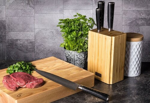 Set de cuțite G21 Damascus Premium în bloc de bambus, 4 bucăți + piatră de ascuțit