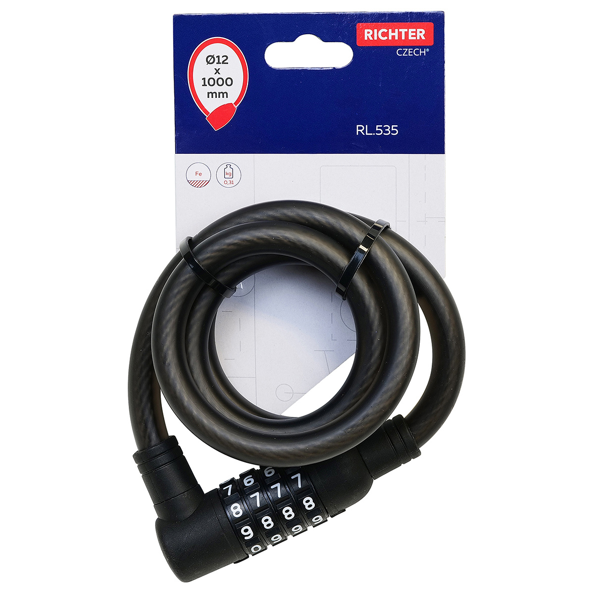 RL.535.12x1000.CRN acélkábeles kódzár, fekete, 100 cm termék 2. képe