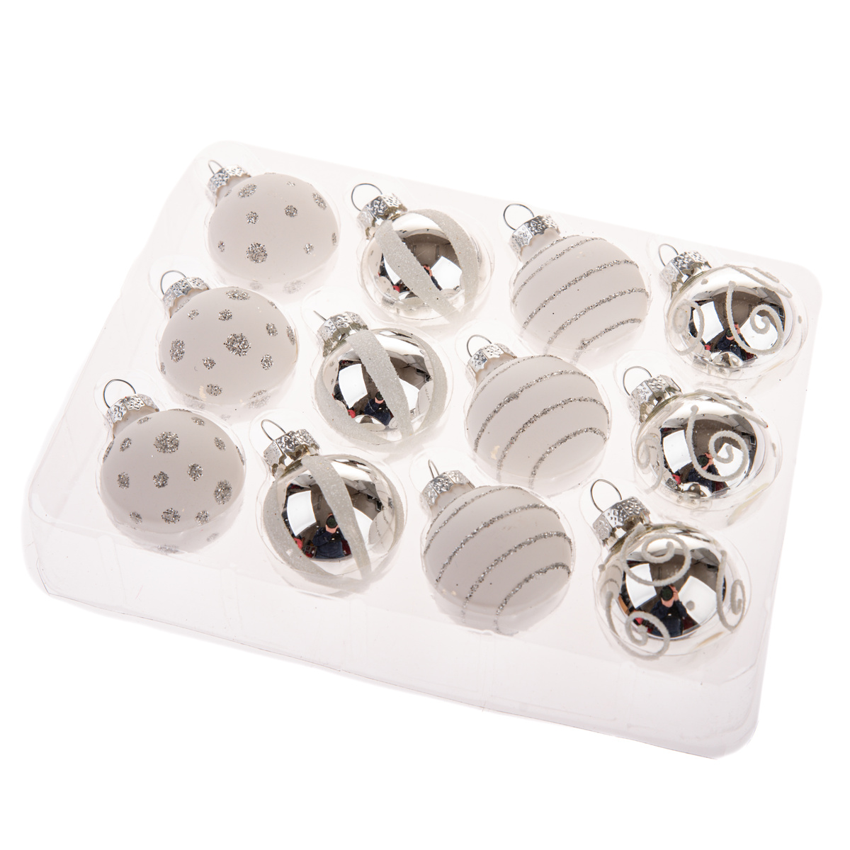 Glimmer Collection üvegdíszek, ezüst és fehér, 12 db, átmérő 3 cm