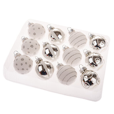 Set de ornamente din sticlă Glimmer Collection, argintiu și alb, 12 bucăți, diametru 3 cm