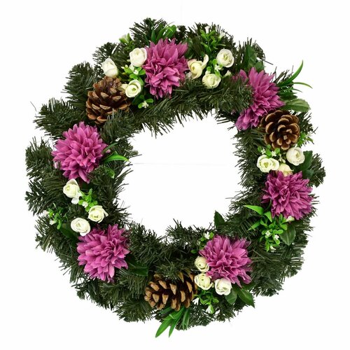 Halóka koszorú lila krizantémokkal díszítve, 35 cm