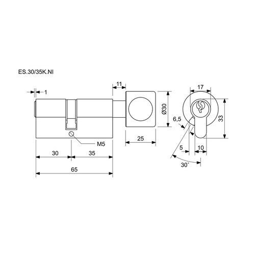 Richter ES.30/35K.NI Zylindereinsatz mit Knauf  30+35K mm, 6 Schlüssel