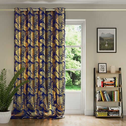 Restilo Draperie Velvet golden Leaves indigo, 140 x 245 cm