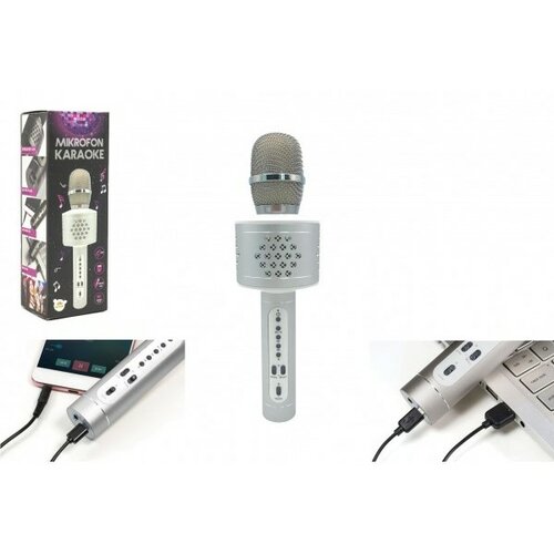 Mikrofón karaoke Bluetooth strieborný na batérie s USB káblom v krabici 10x28x8,5cm