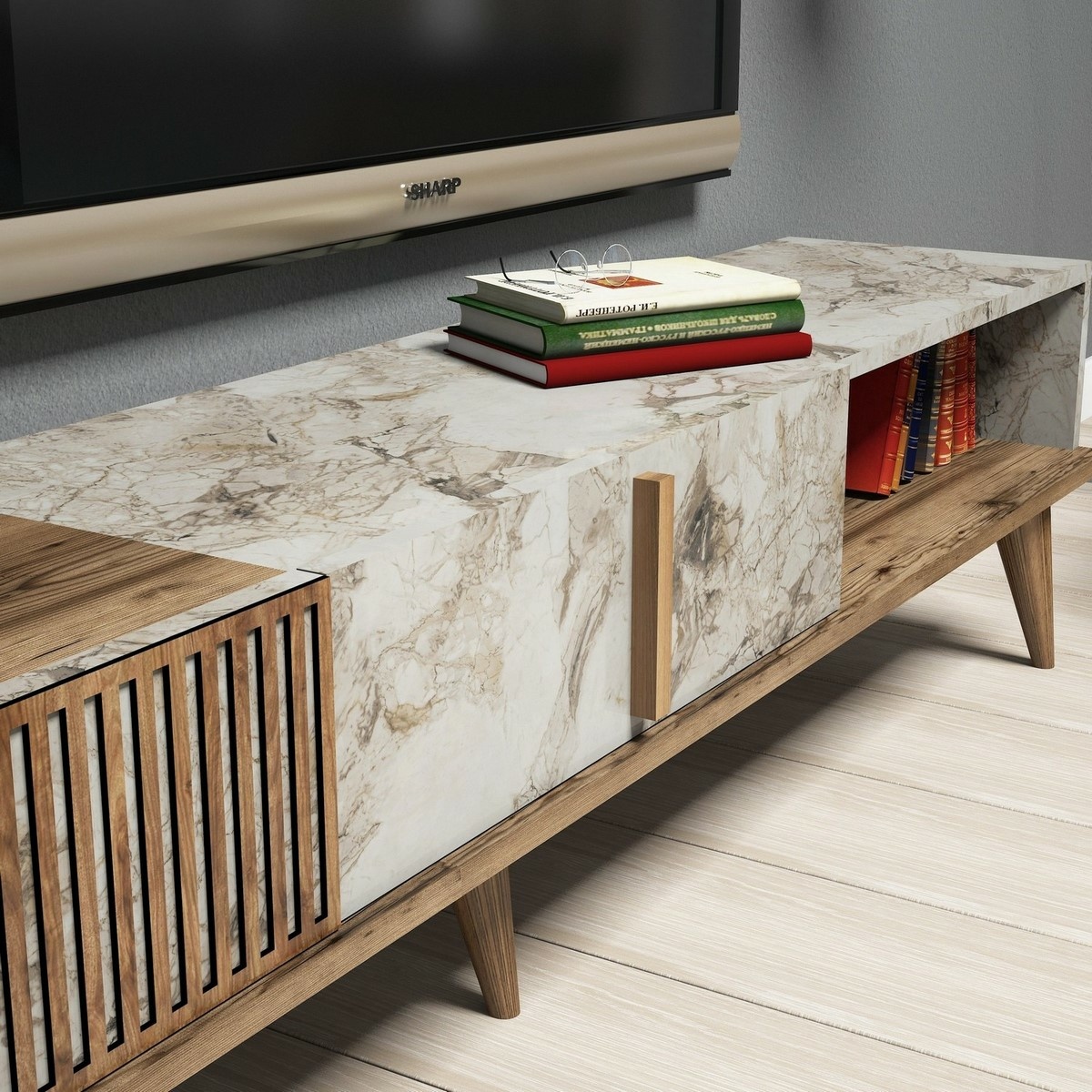 Televízna stena Milan Walnut and White Marble