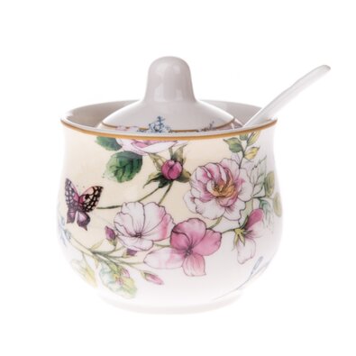 Porcelain sugar bowl with spoon Roses