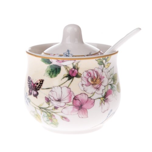 Porcelain sugar bowl with spoon Roses