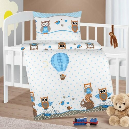Bellatex Baumwollbettwäsche für Kinderbetten Agata Eule blau, 90 x 135 cm, 45 x 60 cm