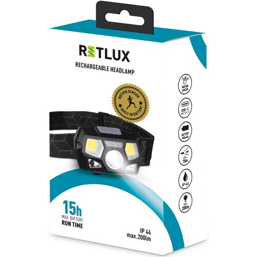 Retlux RPL 701 Zewnętrzna ładowalna latarka czołowa LED COB, zasięg 70 m, żywotność 15 godzin