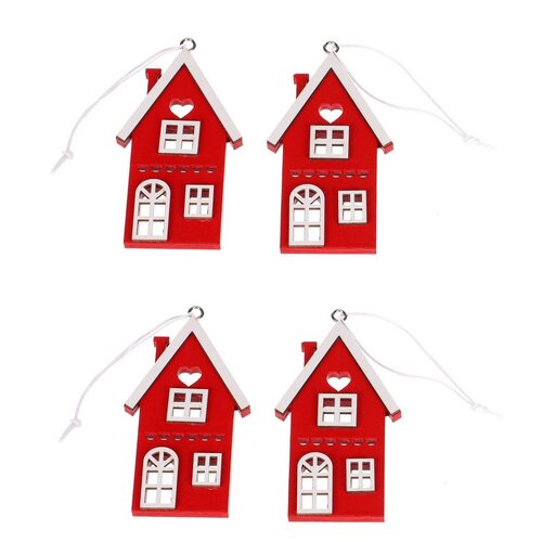 Casă suspendată din lemn, roșie, înălțime 9 cm,SET DE 4 BUC.
