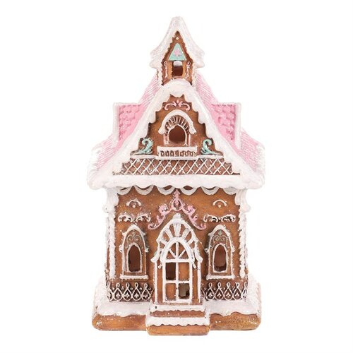 Vánoční dekorace Perníková chaloupka s růžovoustřechou, polyresin, LED, hnědá