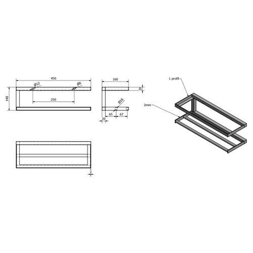 SAPHO Ska401 Ska Półka ścienna 45 x 14 x 16 cm, czarny mat z białym blatem MDF