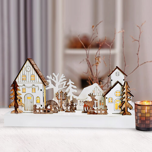 Solight LED karácsonyi falu, 34 x 17 cm, fa, 4 LED, 2x AA