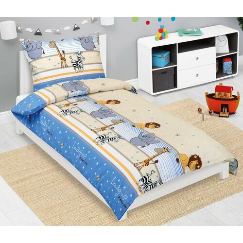 Bellatex Kinderbettwäsche aus Kreppstoff Safari Blau, 140 x 200, 70 x 90 cm