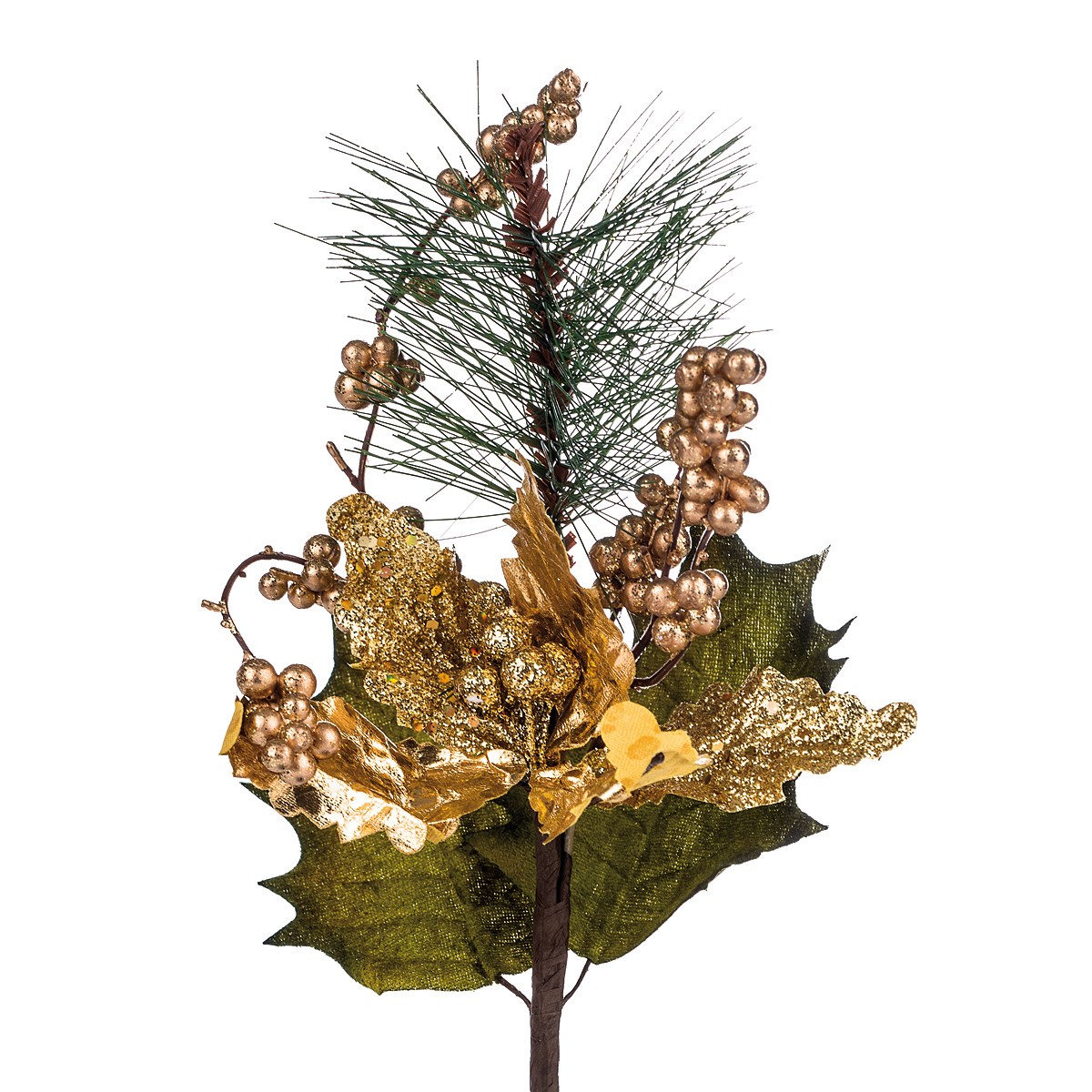 Umelá kytica Poinsettia s bobuľami, zlatá