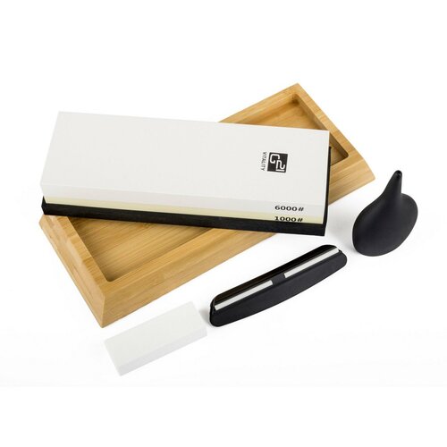 Set de cuțite G21 Damascus Premium în bloc debambus, 4 bucăți + piatră de ascuțit