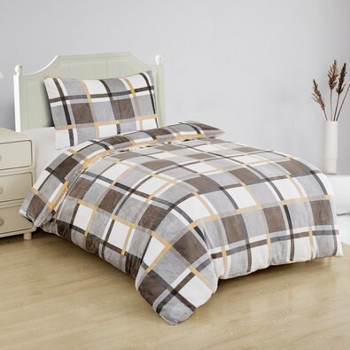 Pościel mikroplusz Krata szaro-biało-żółty, 140 x 200 cm, 70 x 90 cm