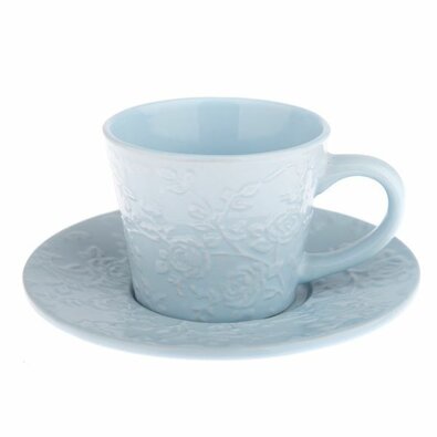 Ceașcă ceramică cu farfurioară, floare albastră, 180 ml