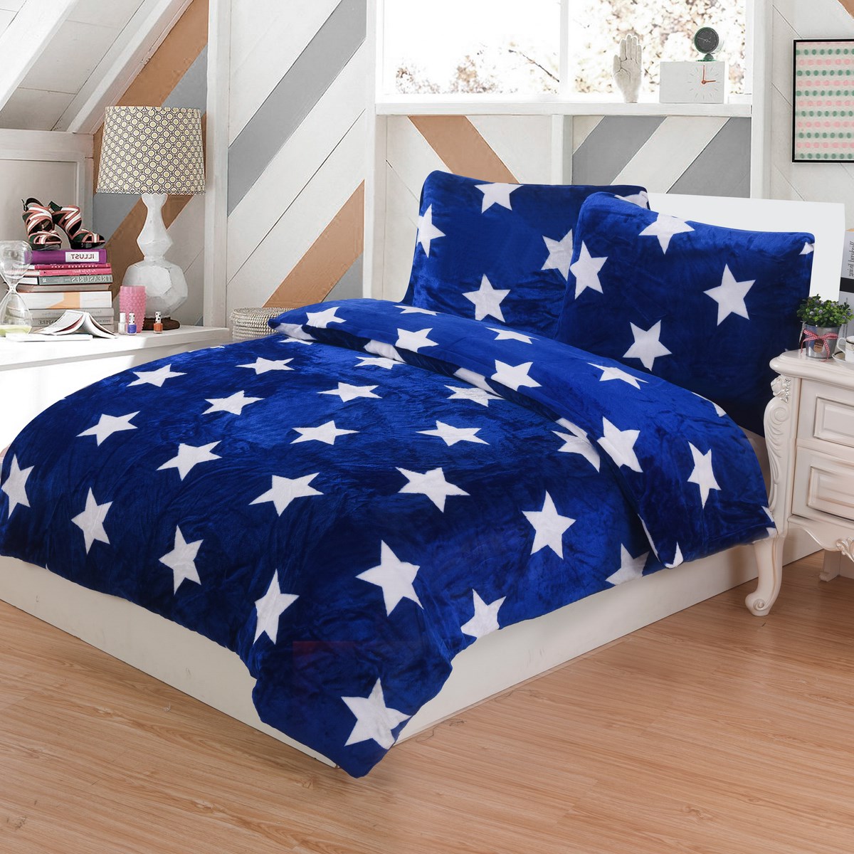 Jahu Obliečky mikroplyš Stars modrá, 140 x 200 cm, 70 x 90 cm