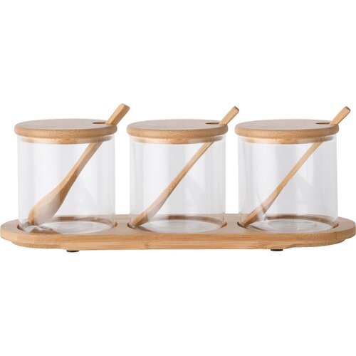 4Home Set aus Glasdosen mit Tablett und Löffeln Bamboo, 310 ml