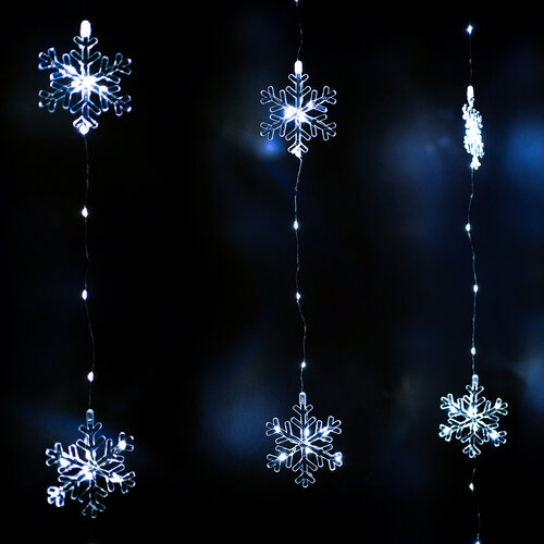 Světelný venkovní závěs Snowflakes, 120x120 cm, LED, studená bílá, časovač, 8 funkcí