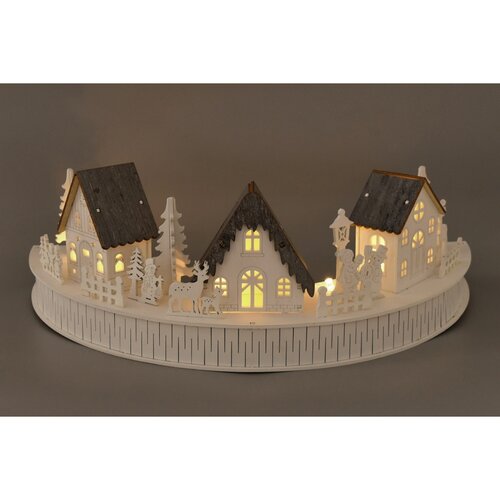 Drewniana dekoracja LED z wioską i domkami, 40 x14 x 20 cm, półokrągła