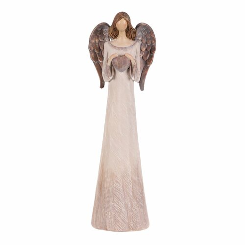 Polyresin angyal szívvel, 26 cm, bézs színű