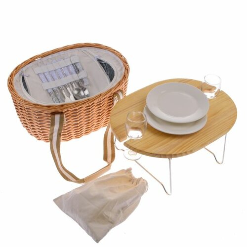 Coș picnic din răchită cu capac /suport, 2 pers. cu termobox, 40 x 31 x 21 cm, 3 kg