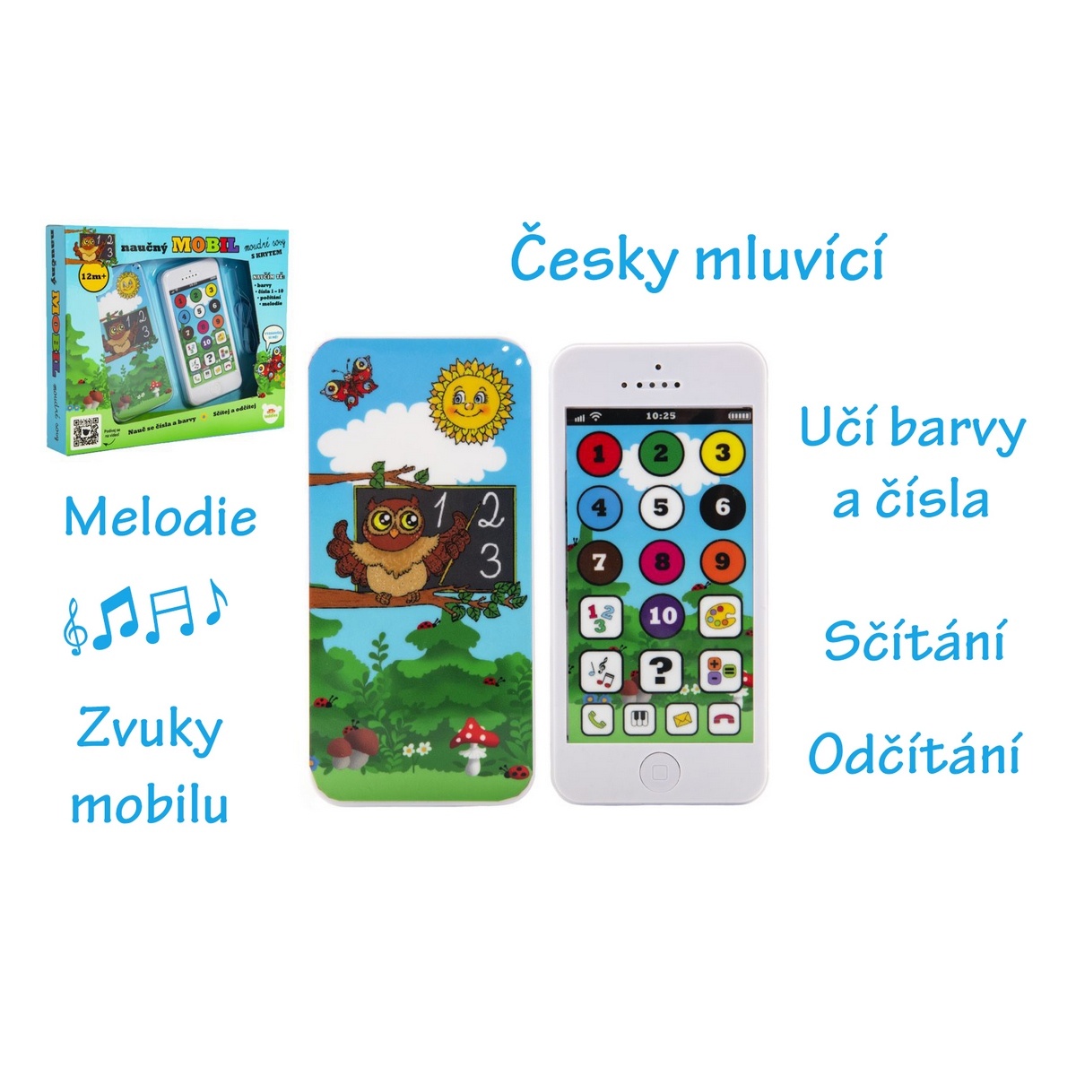 Naučný mobilní telefon moudré sovy s krytem, plast, na baterie se zvukem, 22x18x3,5 cm 12m+