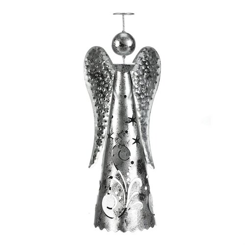 Vianočná kovová dekorácia Anjel na čajovú sviečku, strieborná