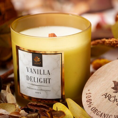 Arome Sveča z lesenim stenjem Vanilla delight, 400g