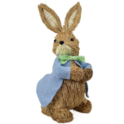 Velikonočni slamnati zajček v modrem plašču, naraven, 39 cm