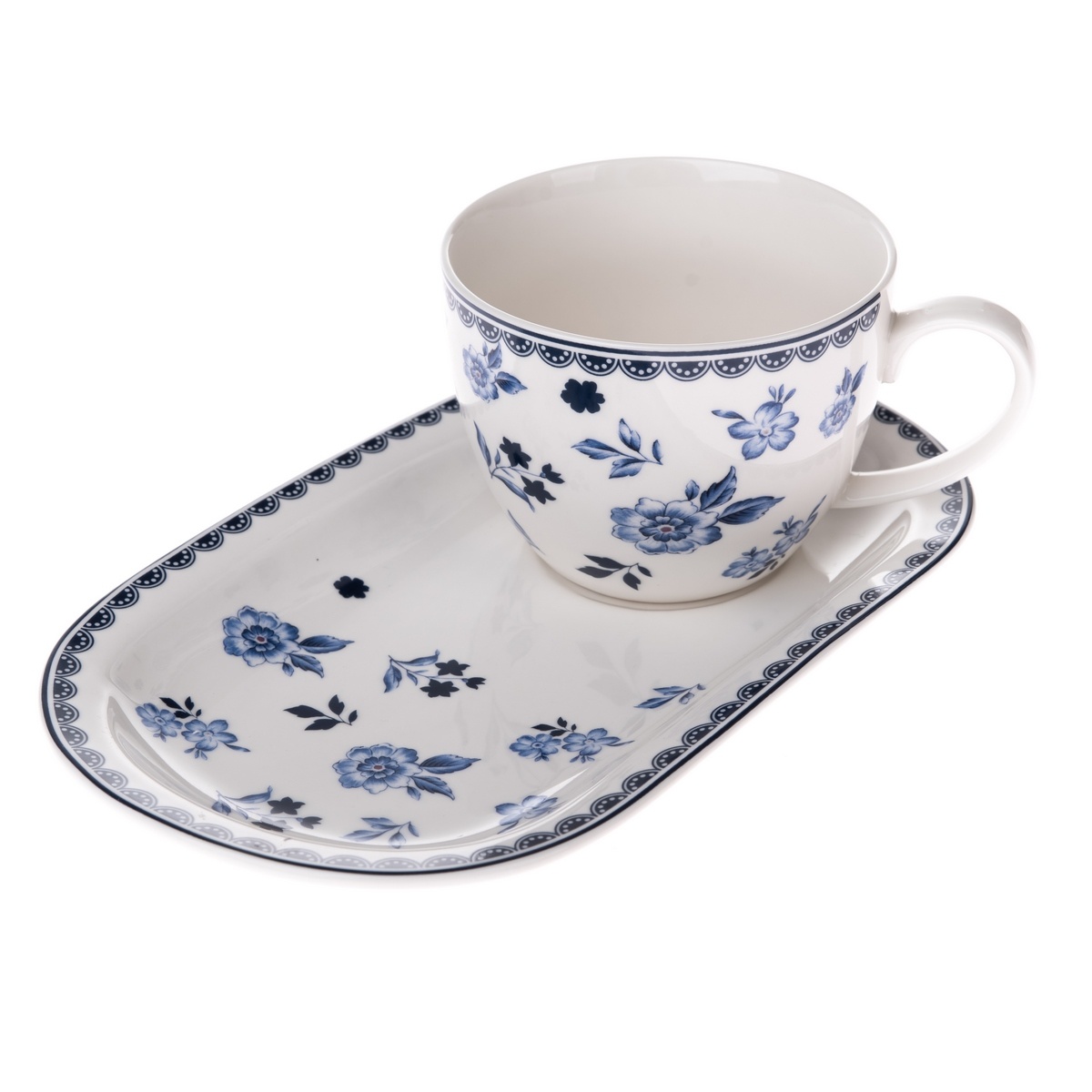 Floral porcelán bögre tálcával, 365 ml