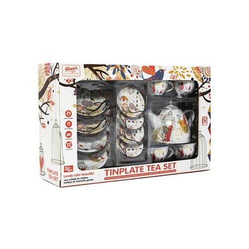 Set de ceai din tablă, 15 piese, în cutie de 32x21x10 cm